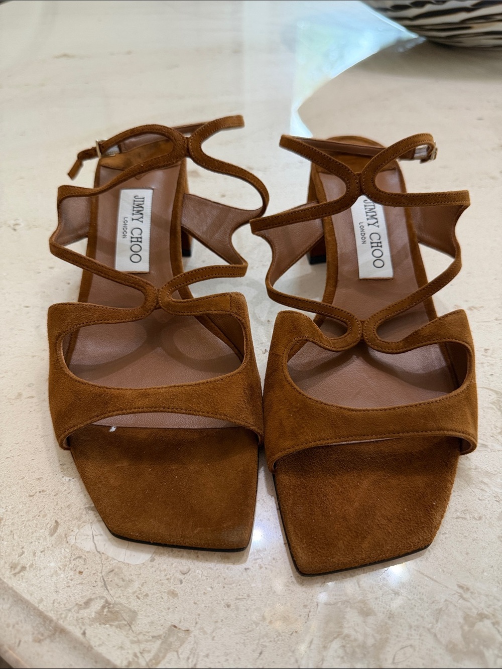 Jimmy Choo Brown Suede Strappy Square-Toe Heels